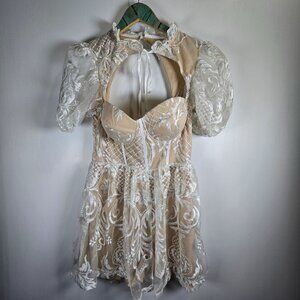 Blithe LA White Lace Over Nude Versailles Romper Playsuit, NWT, L